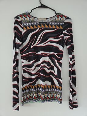 Emilio Pucci Black, White & Red Zebra-Print Long Sleeve Top with Multicolor Trim